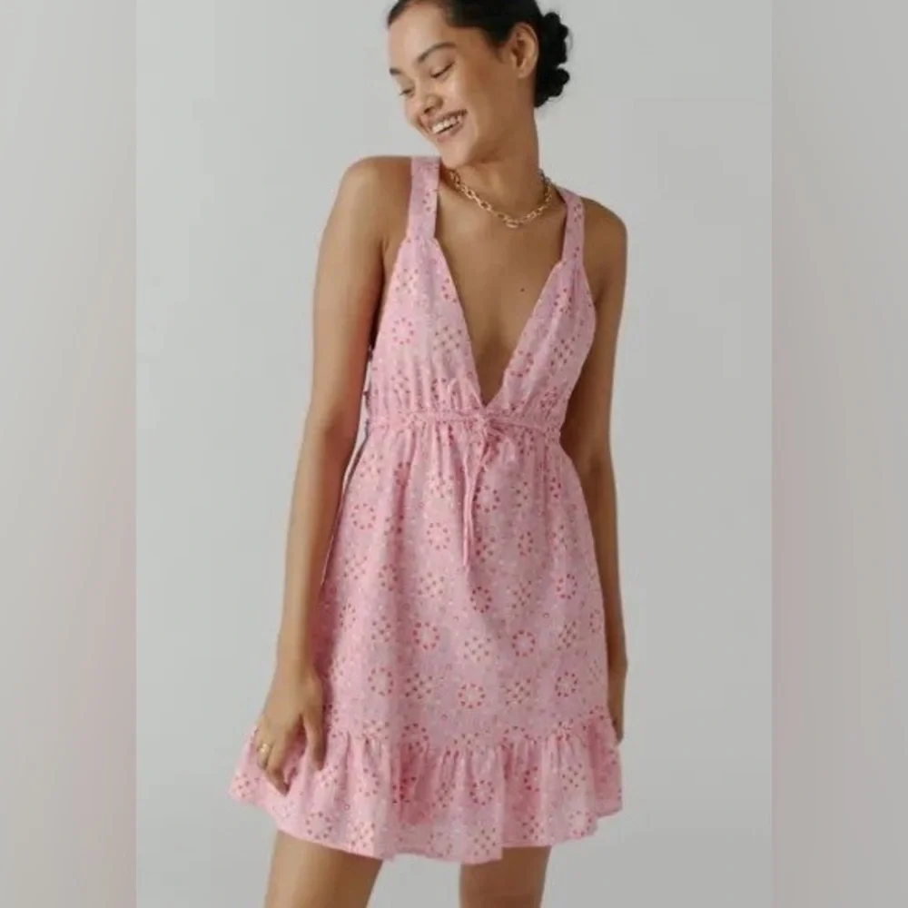 Urban Outfitters Pink Eyelet Ruffle Tie-Waist Mini Dress - Picture 4 of 14